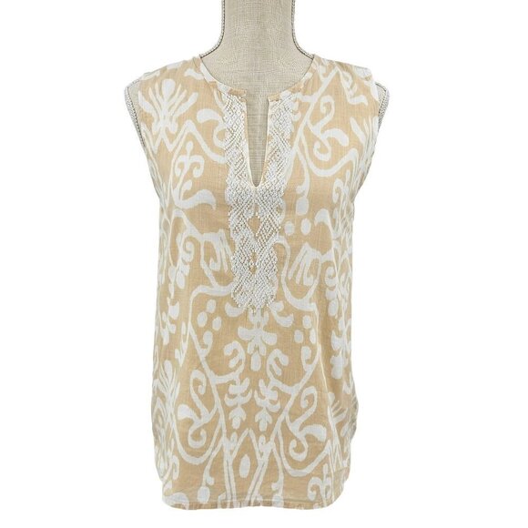 Sheridan French Printed Embroidered Split Neck Tank Top Women's 4 Preppy Beach - Picture 1 of 12